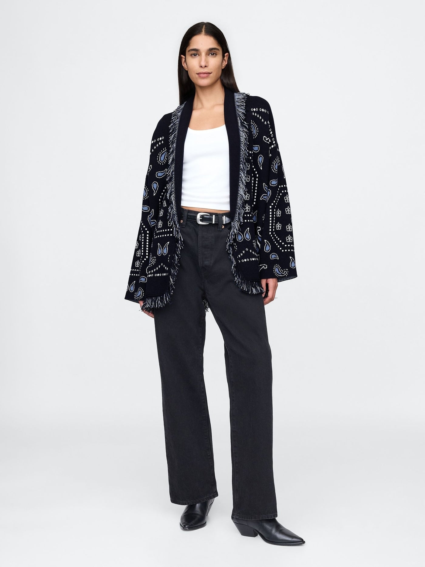 Navy Blue Oversized Fringe Shawl Cardigan