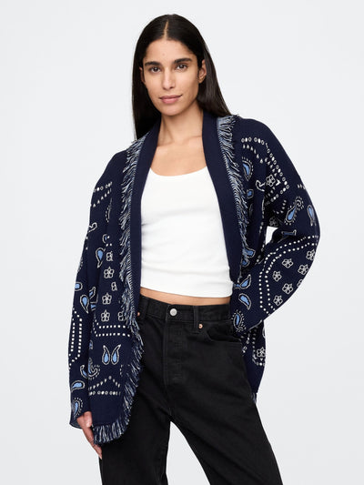 Navy Blue Oversized Fringe Shawl Cardigan